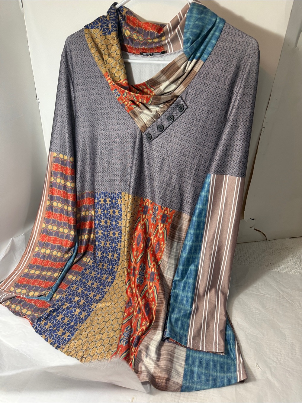 Lily Boho Patchwork Cowl Neck Women's Top - Gray Multicolor